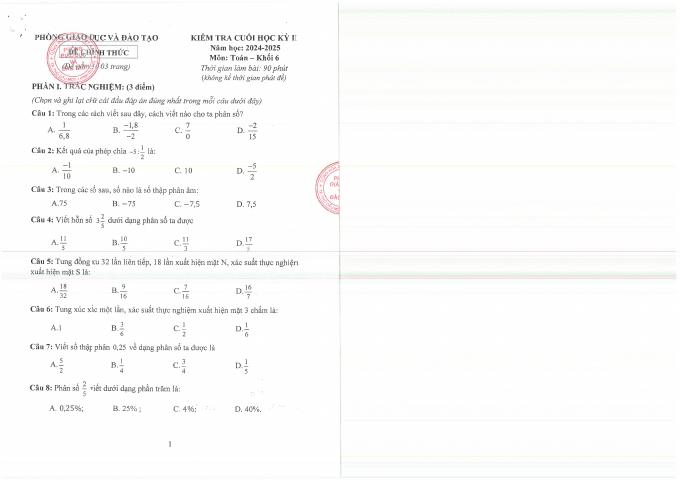 Đề thi Học kì 2 Toán 6 năm 2024-2025 phòng GD&ĐT Thủ Dầu Một (Bình Dương)